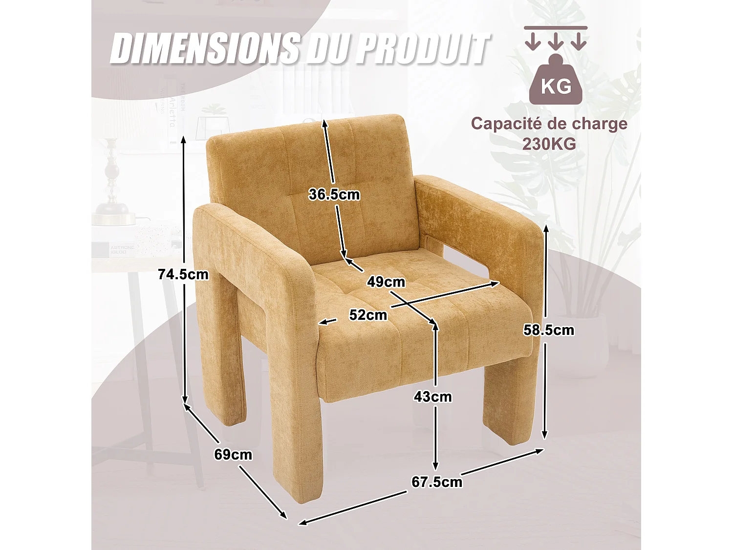 Fauteuil Relax Moderne en Chenille à Motif Carreaux - Accoudoirs Ergonomiques, Support 230 kg, Coins Arrondis - Pour Salon, Chambre, Bureau