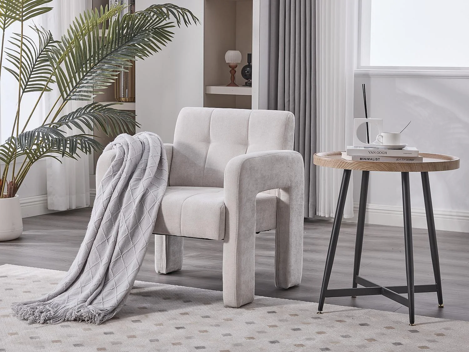 Moderne Chenille Fauteuil met Ruitmotief – Ergonomische Armleuningen, 230 kg Draagvermogen, Afgeronde Hoeken – Voor Woonkamer, Slaapkamer, Kantoor