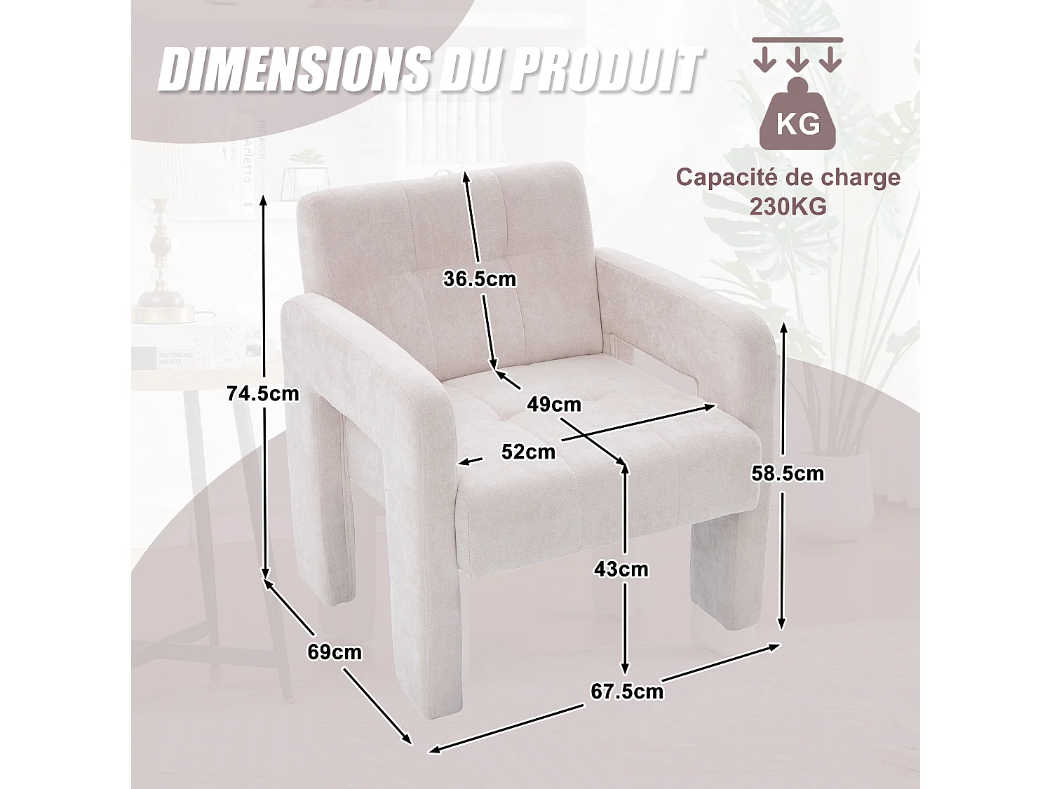 Fauteuil Relax Moderne en Chenille à Motif Carreaux - Accoudoirs Ergonomiques, Support 230 kg, Coins Arrondis - Pour Salon, Chambre, Bureau