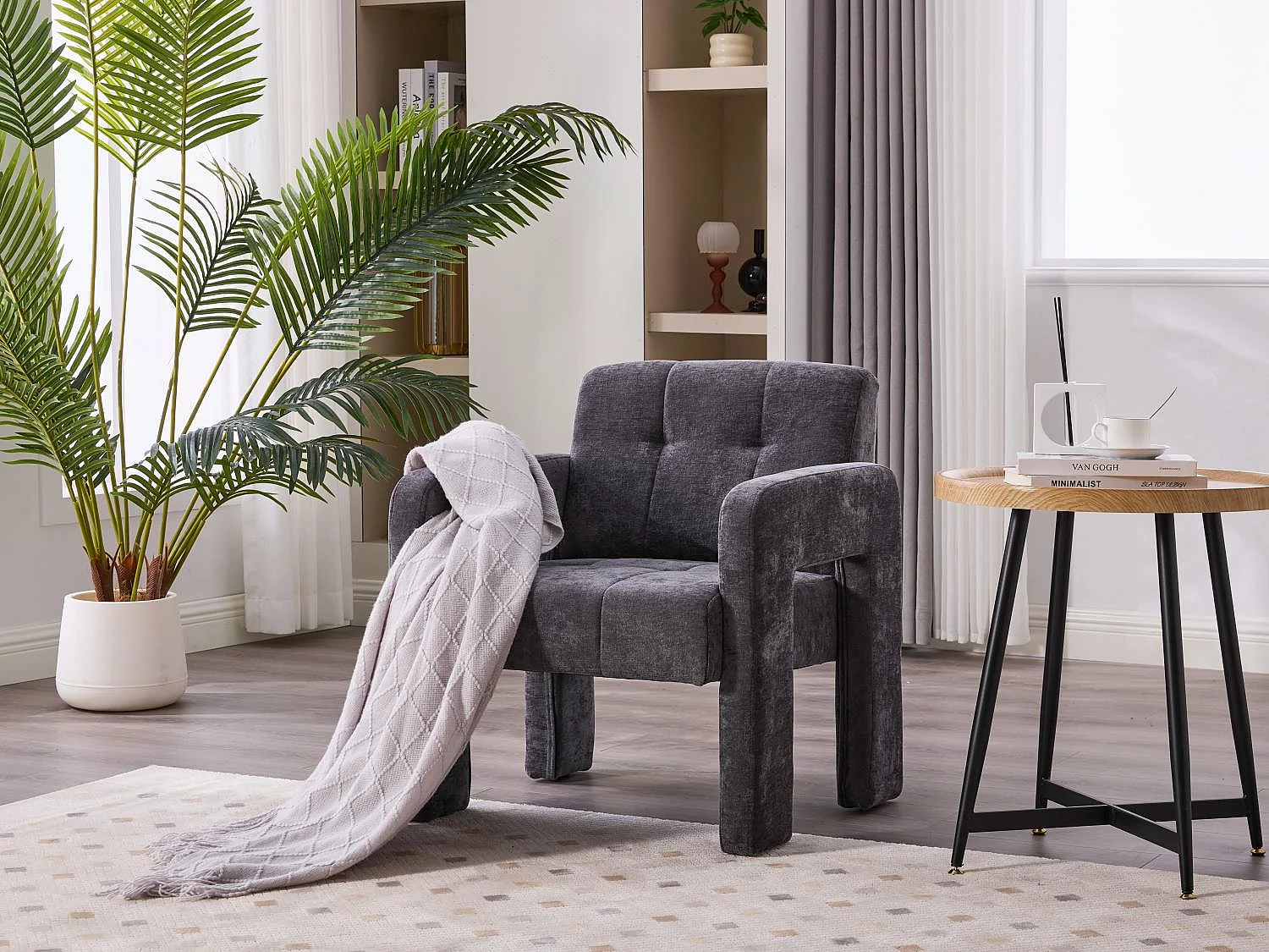 Fauteuil Relax Moderne en Chenille à Motif Carreaux - Accoudoirs Ergonomiques, Support 230 kg, Coins Arrondis - Pour Salon, Chambre, Bureau