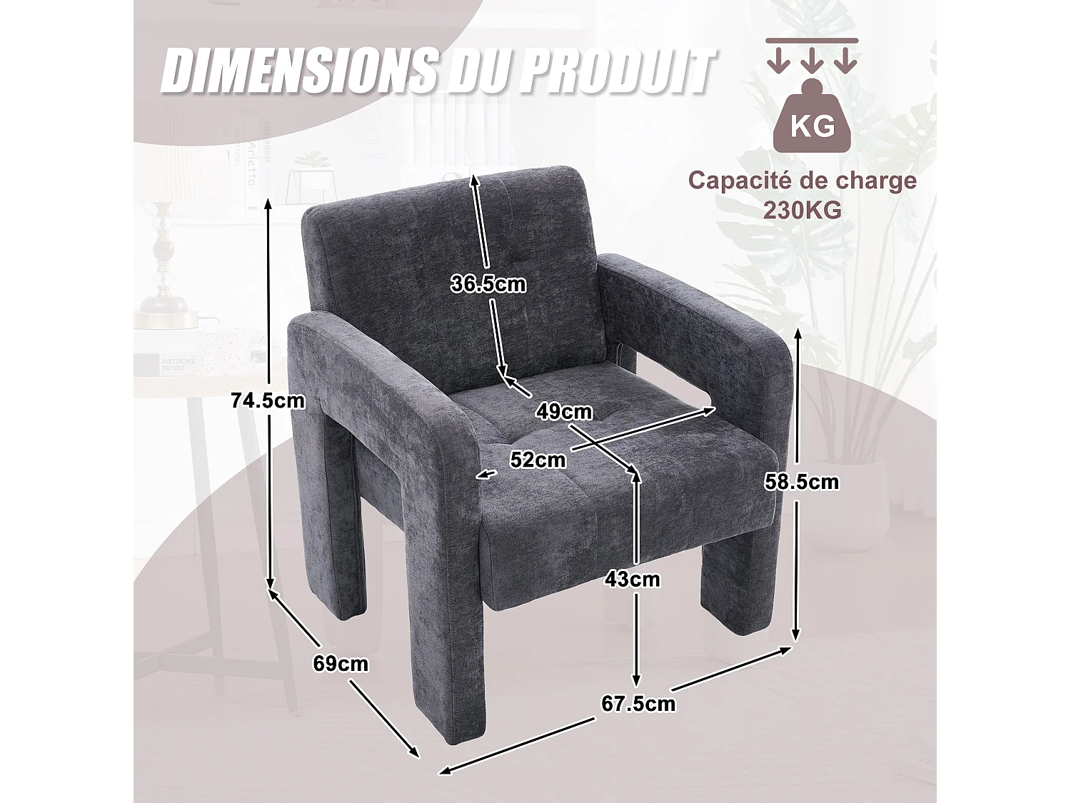 Fauteuil Relax Moderne en Chenille à Motif Carreaux - Accoudoirs Ergonomiques, Support 230 kg, Coins Arrondis - Pour Salon, Chambre, Bureau