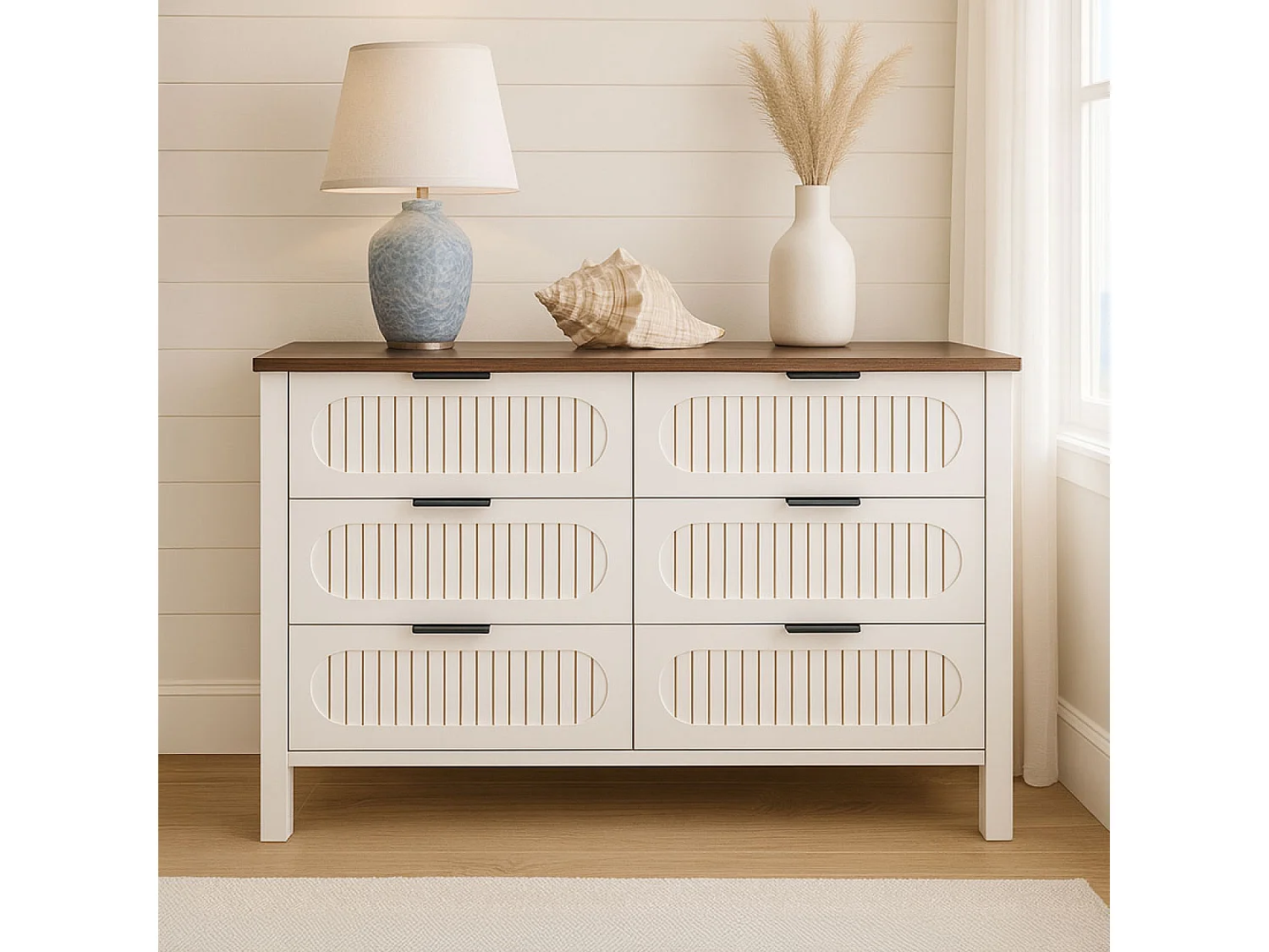 Commode 6 tiroirs blanc rainuré et bois 120cm BRIX