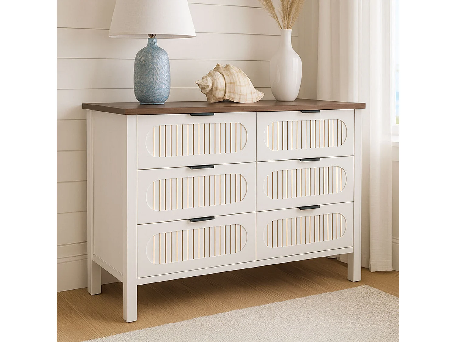 Commode 6 tiroirs blanc rainuré et bois 120cm BRIX