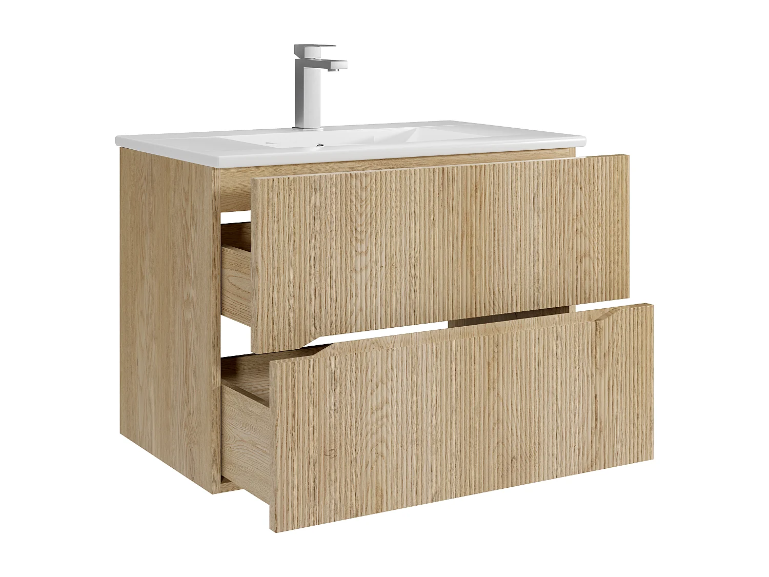 Meuble de salle de bain suspendu strié avec vasque à encastrer et robinet - Naturel clair - 80 cm - ORISO