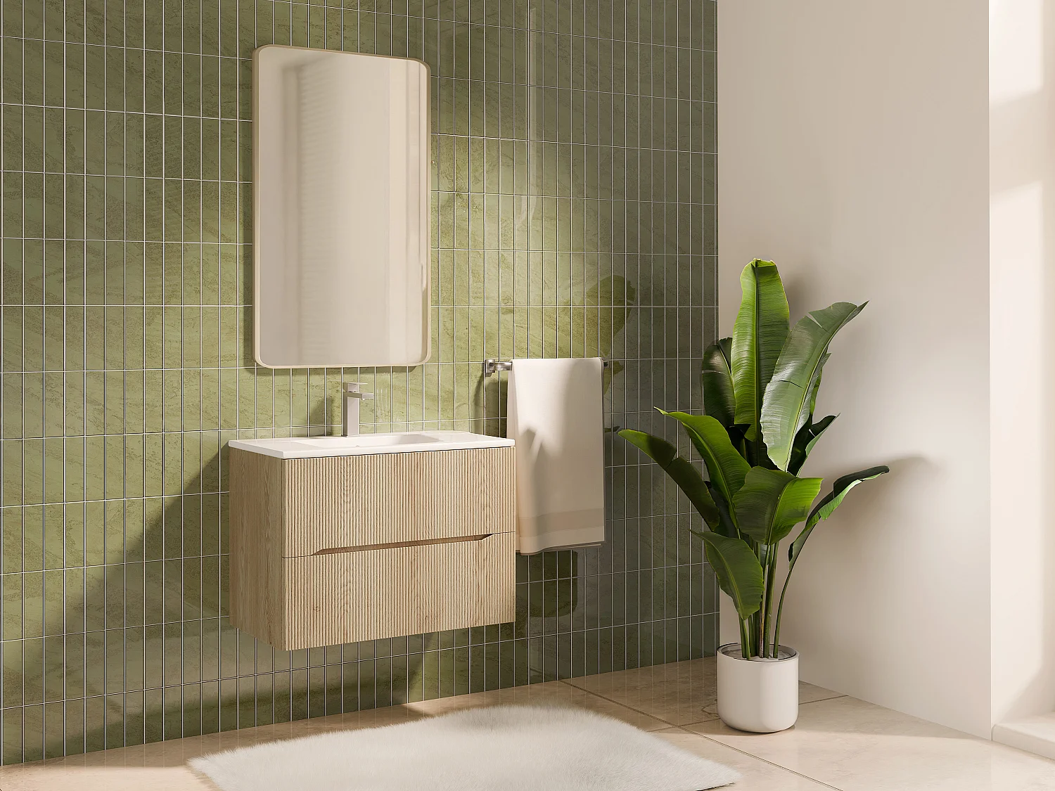 Meuble de salle de bain suspendu strié avec vasque à encastrer et robinet - Naturel clair - 80 cm - ORISO