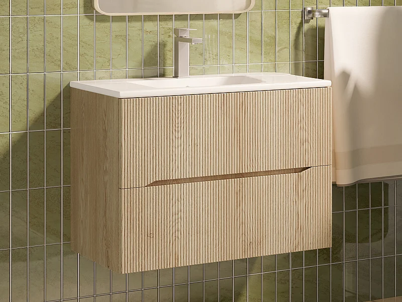 Mobile bagno sospeso scanalato con lavabo da incasso e rubinetto Naturale chiaro 80 cm - ORISO