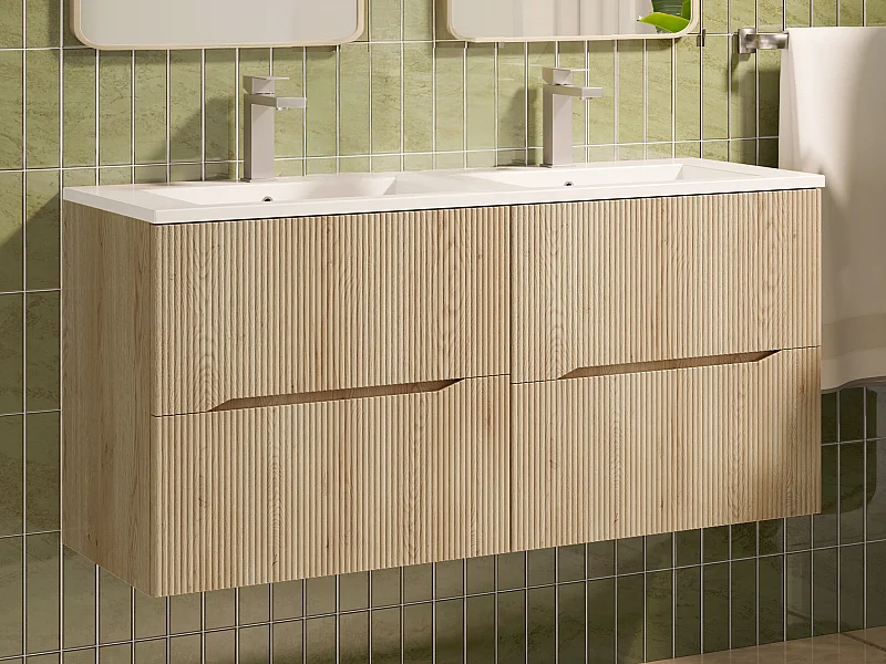 Meuble de salle de bain suspendu strié avec vasque à encastrer et robinet - Naturel clair - 120 cm - ORISO