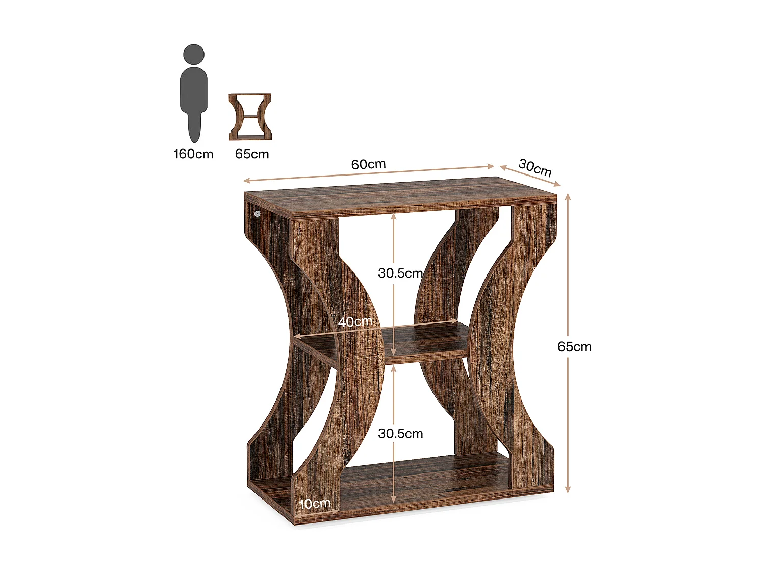 Landelijke bijzettafel, smalle bijzettafel met 3 niveaus en opbergplanken, industriële stijl