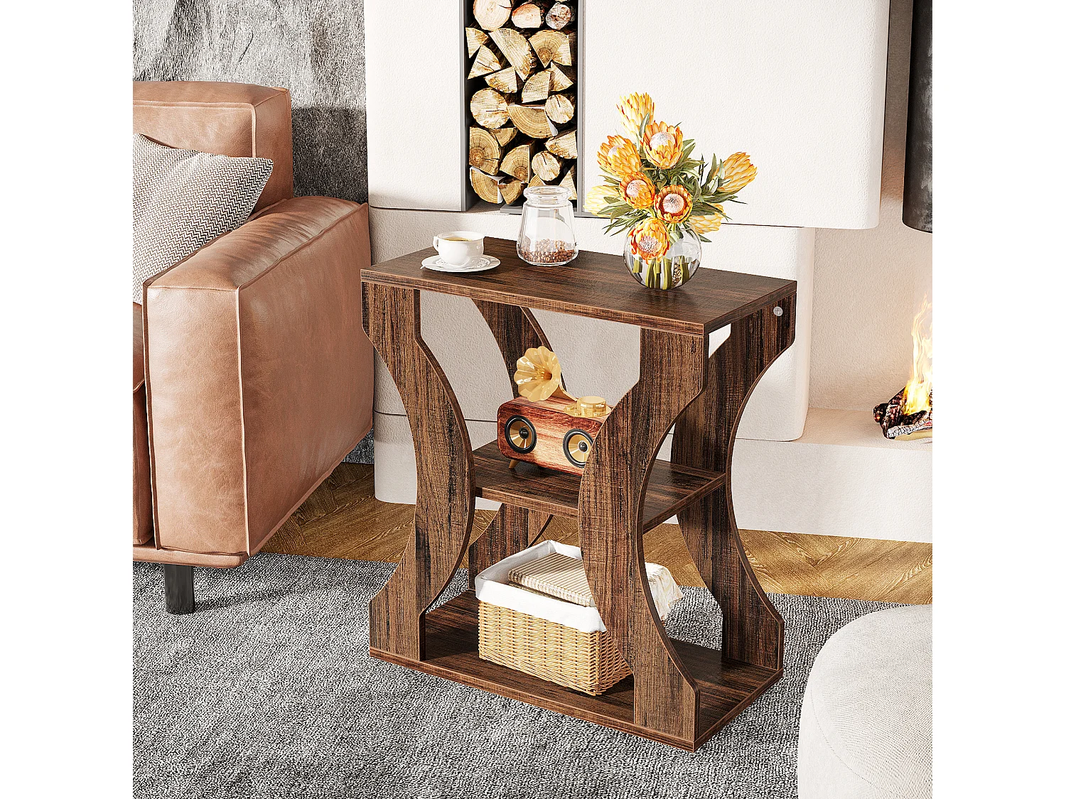 Landelijke bijzettafel, smalle bijzettafel met 3 niveaus en opbergplanken, industriële stijl