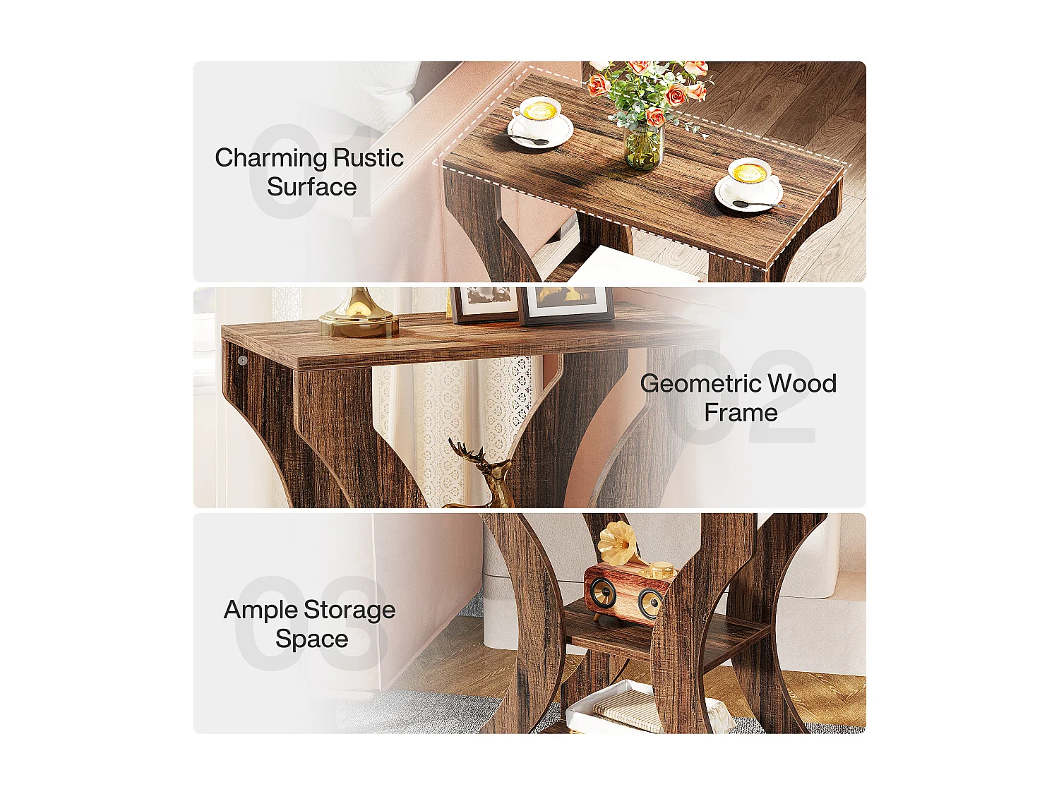 Landelijke bijzettafel, smalle bijzettafel met 3 niveaus en opbergplanken, industriële stijl