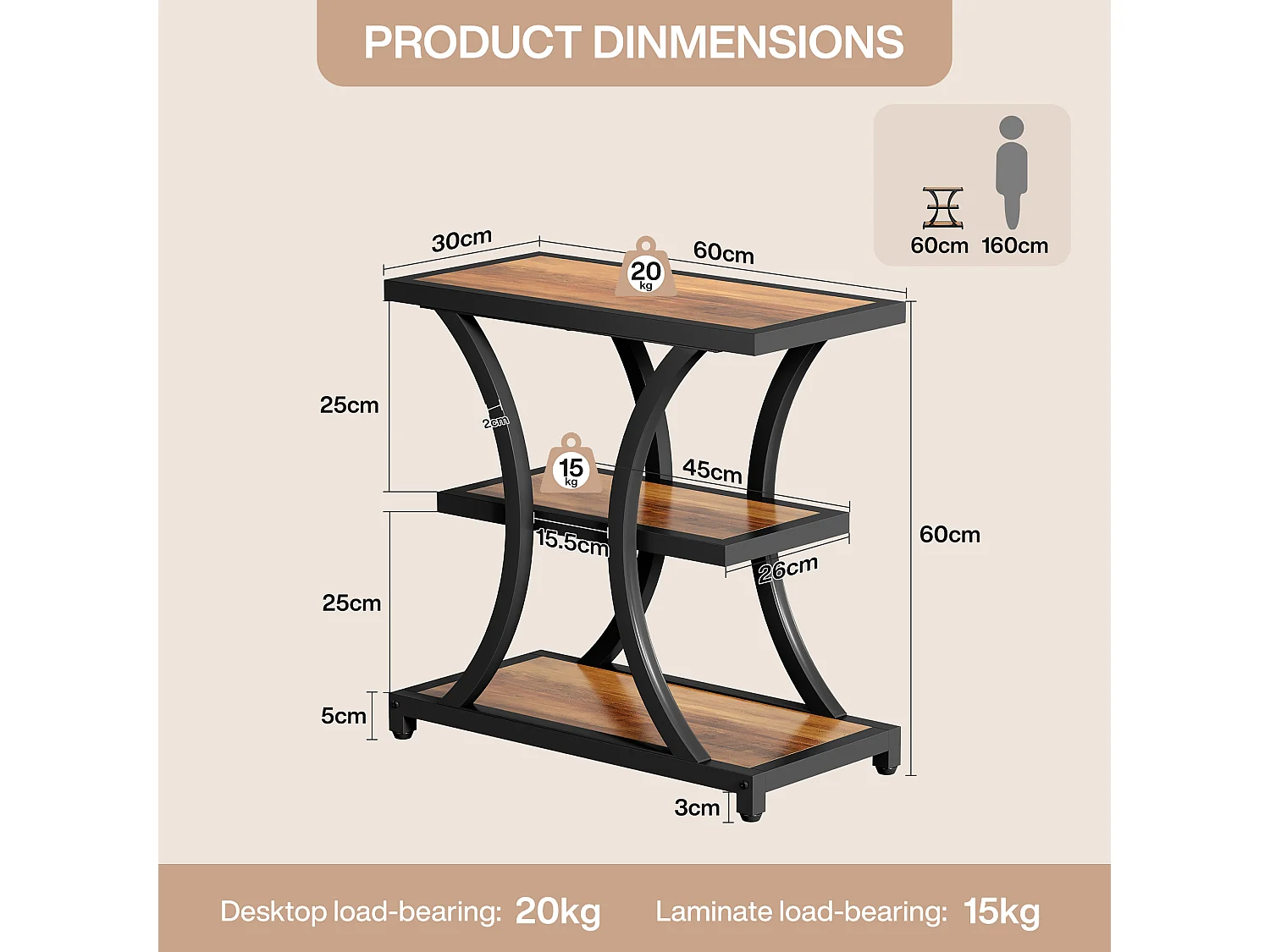 Stolik kawowy z miejscem do przechowywania, 3-poziomowy stolik boczny z geometrycznym metalowym wzorem, w stylu industrialnym