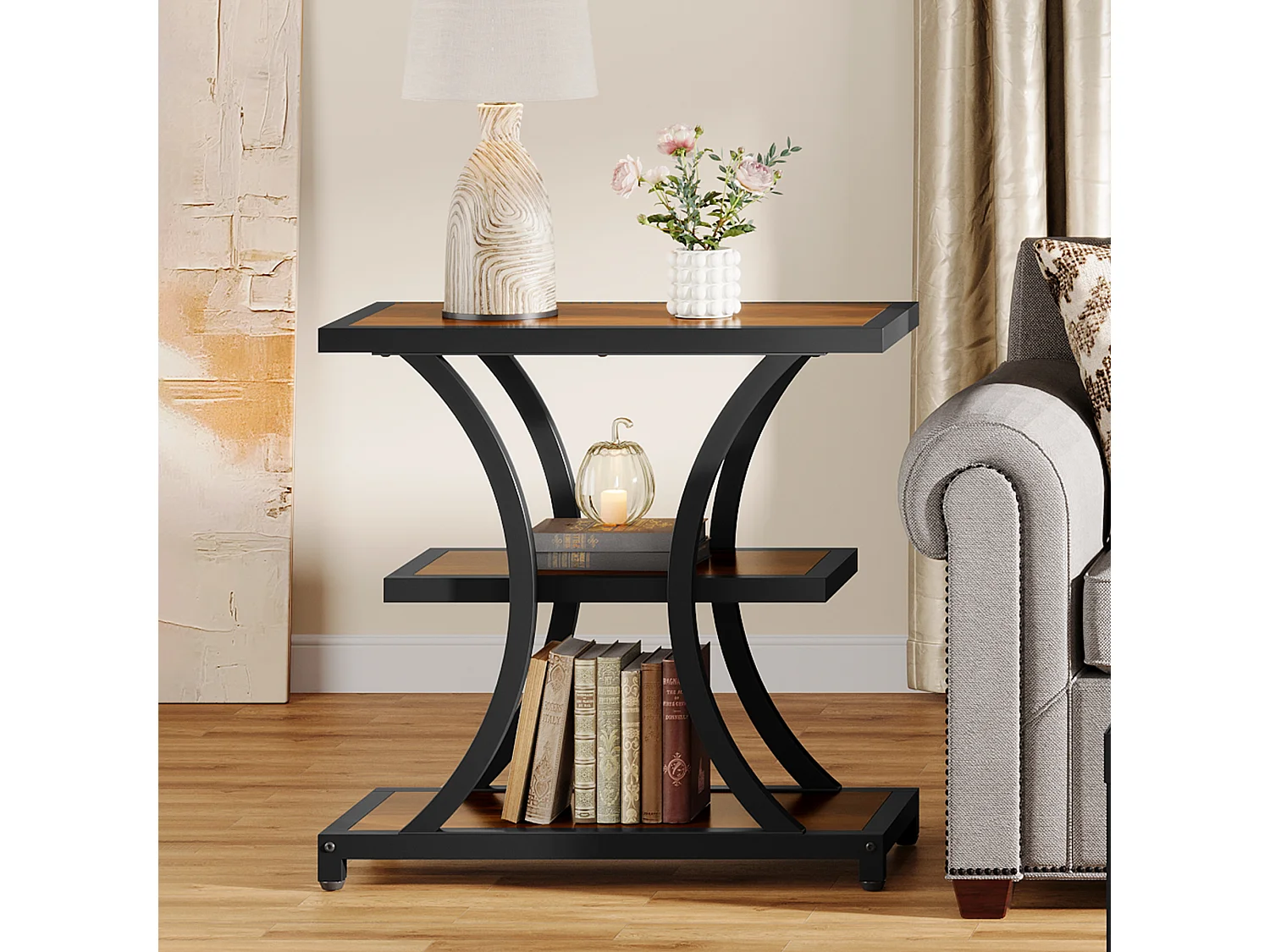 Stolik kawowy z miejscem do przechowywania, 3-poziomowy stolik boczny z geometrycznym metalowym wzorem, w stylu industrialnym