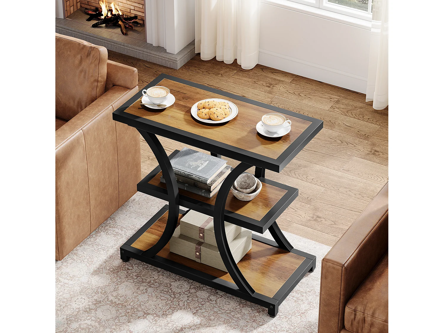 Stolik kawowy z miejscem do przechowywania, 3-poziomowy stolik boczny z geometrycznym metalowym wzorem, w stylu industrialnym