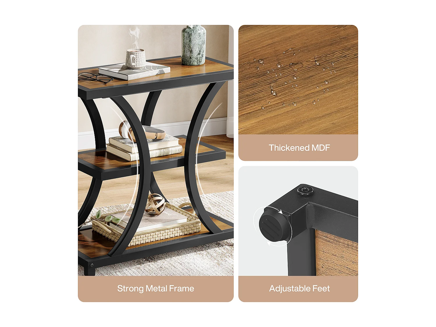 Stolik kawowy z miejscem do przechowywania, 3-poziomowy stolik boczny z geometrycznym metalowym wzorem, w stylu industrialnym