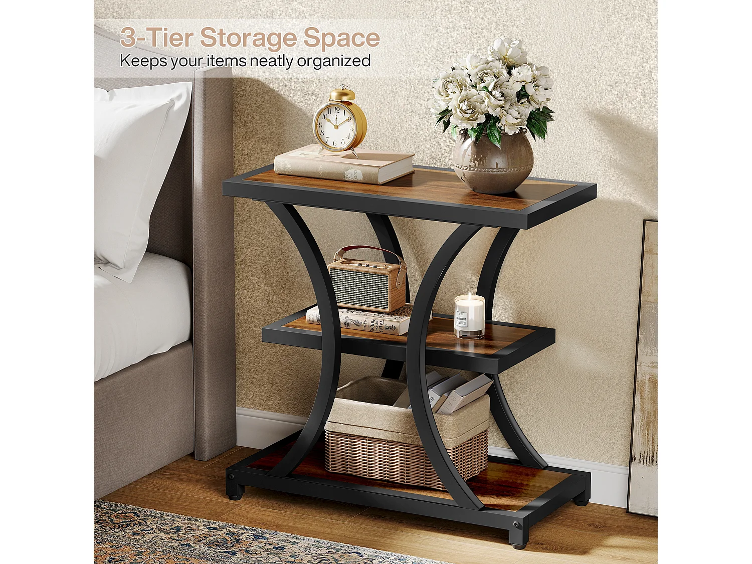 Stolik kawowy z miejscem do przechowywania, 3-poziomowy stolik boczny z geometrycznym metalowym wzorem, w stylu industrialnym