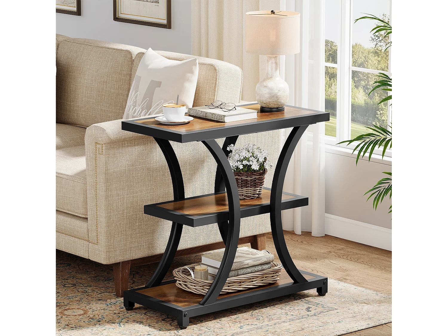 Stolik kawowy z miejscem do przechowywania, 3-poziomowy stolik boczny z geometrycznym metalowym wzorem, w stylu industrialnym