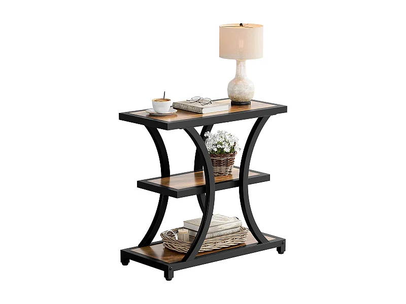 Stolik kawowy z miejscem do przechowywania, 3-poziomowy stolik boczny z geometrycznym metalowym wzorem, w stylu industrialnym