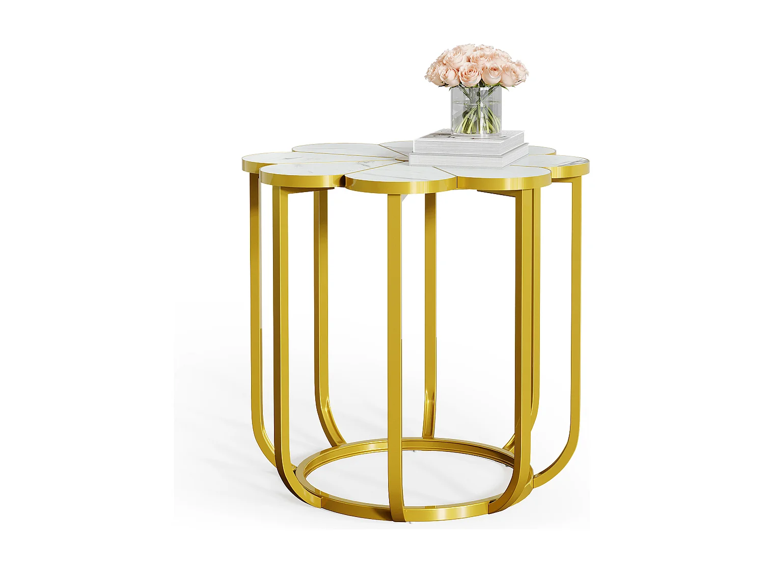60 cm bloemen bijzettafel, moderne bijzettafel van imitatiemarmer, nachtkastje met gouden metalen frame