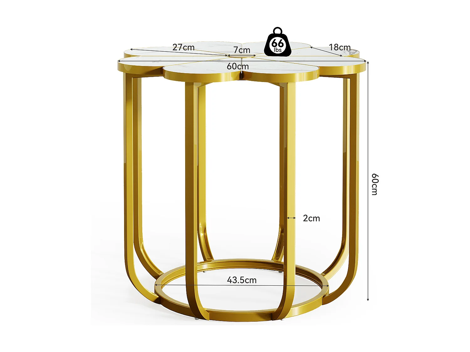 60 cm bloemen bijzettafel, moderne bijzettafel van imitatiemarmer, nachtkastje met gouden metalen frame