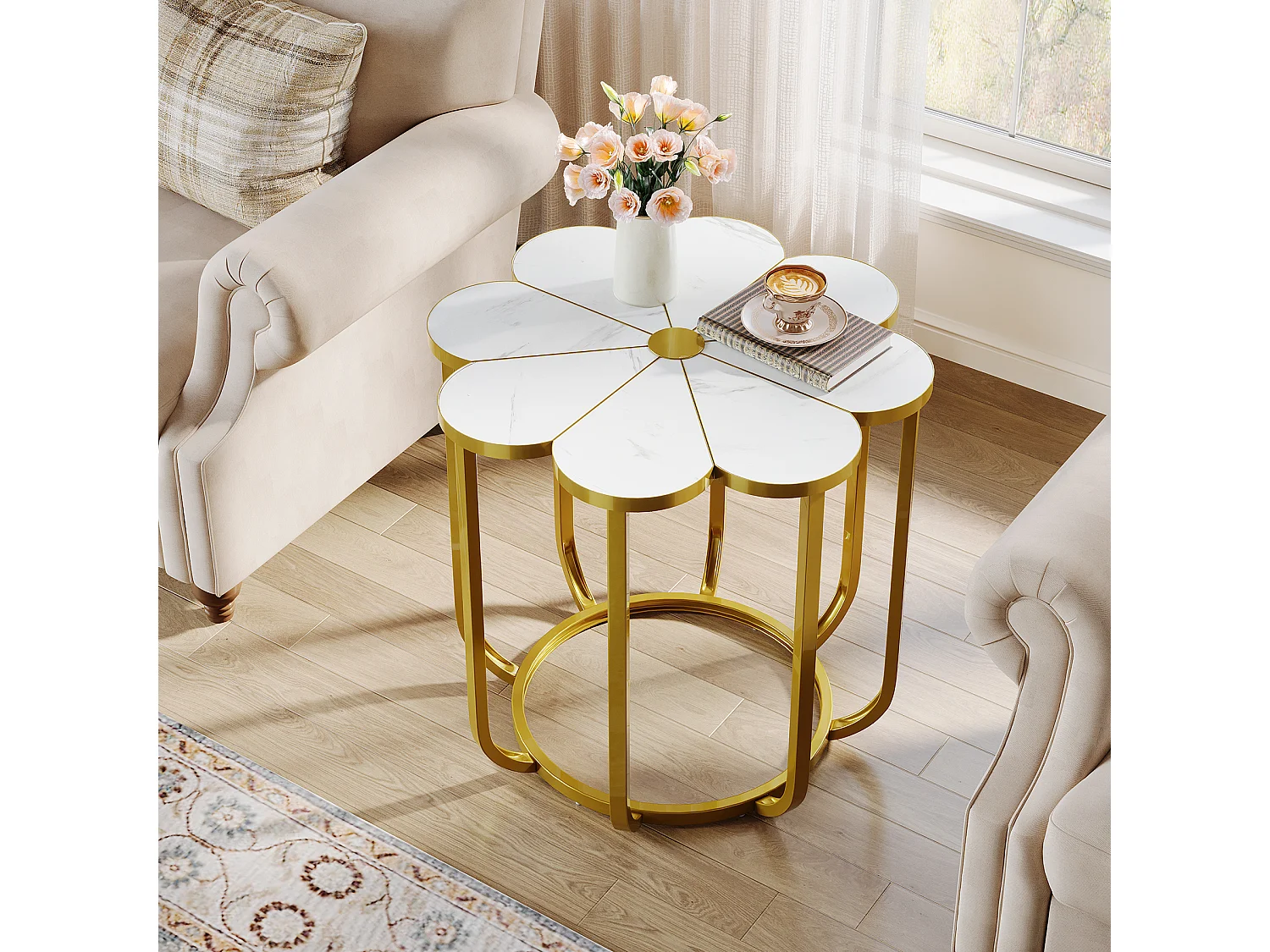 60 cm bloemen bijzettafel, moderne bijzettafel van imitatiemarmer, nachtkastje met gouden metalen frame