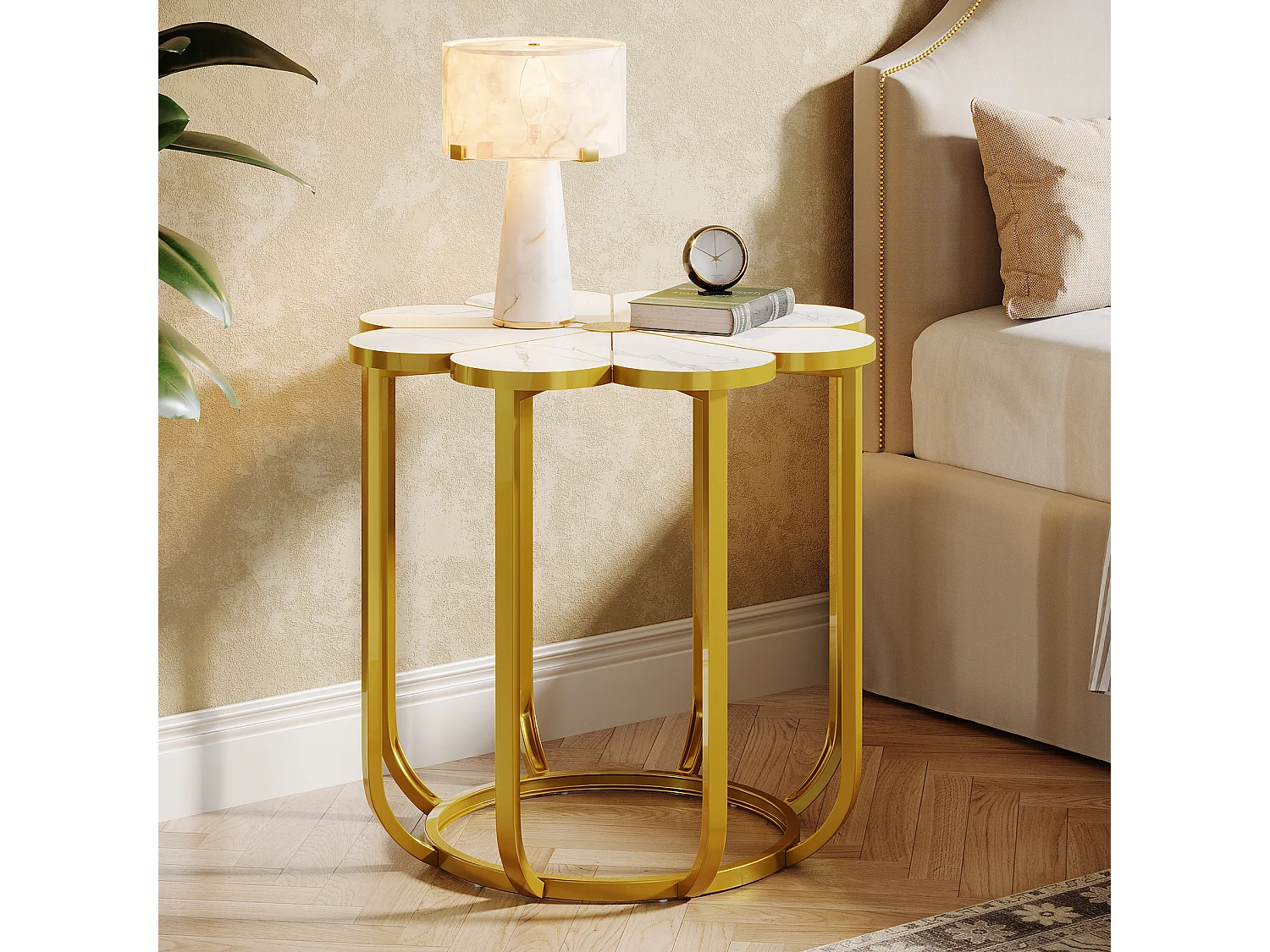 60 cm bloemen bijzettafel, moderne bijzettafel van imitatiemarmer, nachtkastje met gouden metalen frame