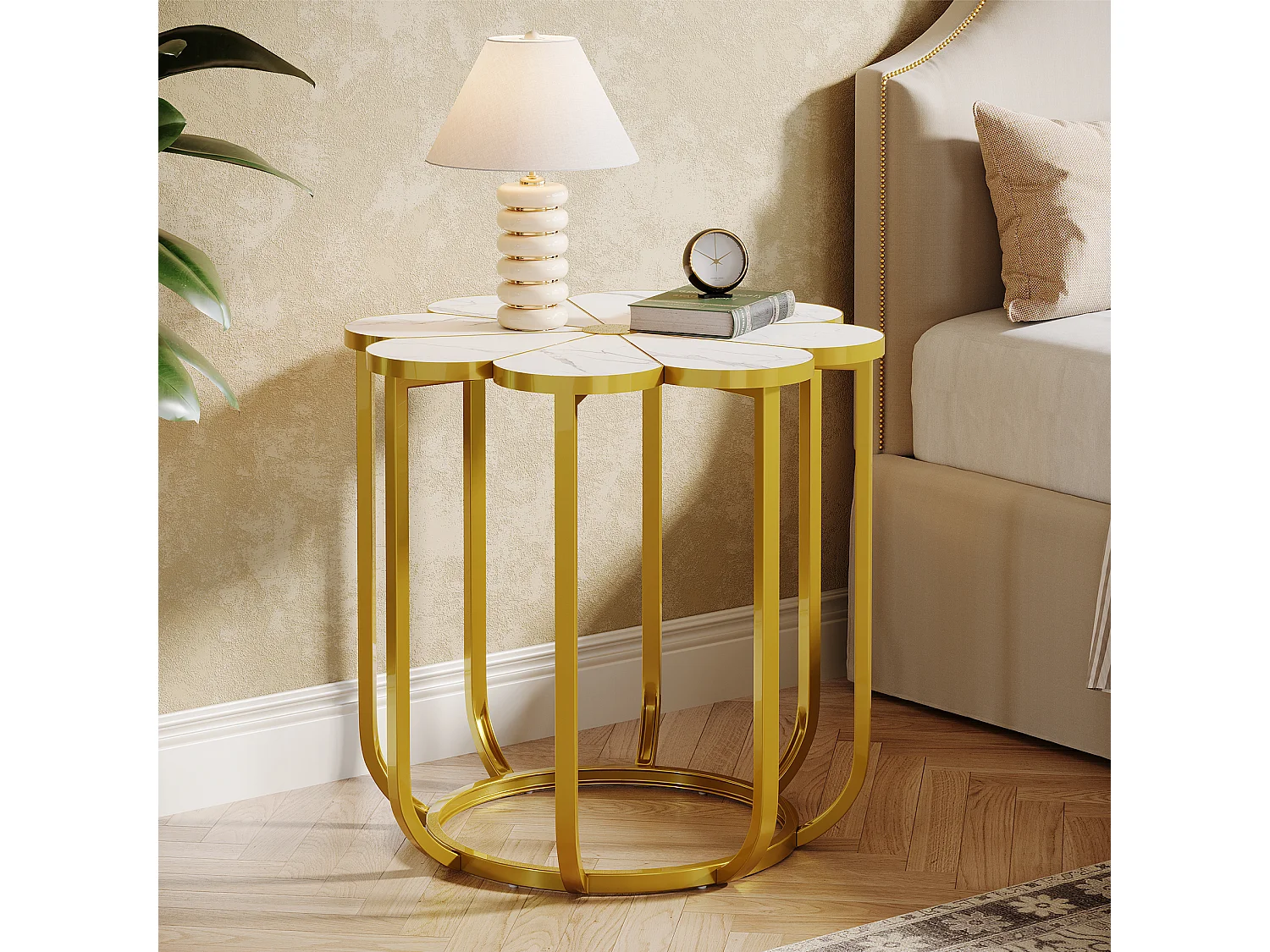 60 cm bloemen bijzettafel, moderne bijzettafel van imitatiemarmer, nachtkastje met gouden metalen frame
