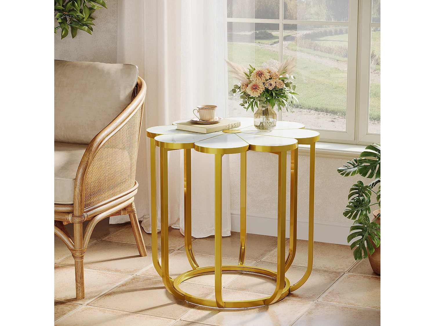 60 cm bloemen bijzettafel, moderne bijzettafel van imitatiemarmer, nachtkastje met gouden metalen frame