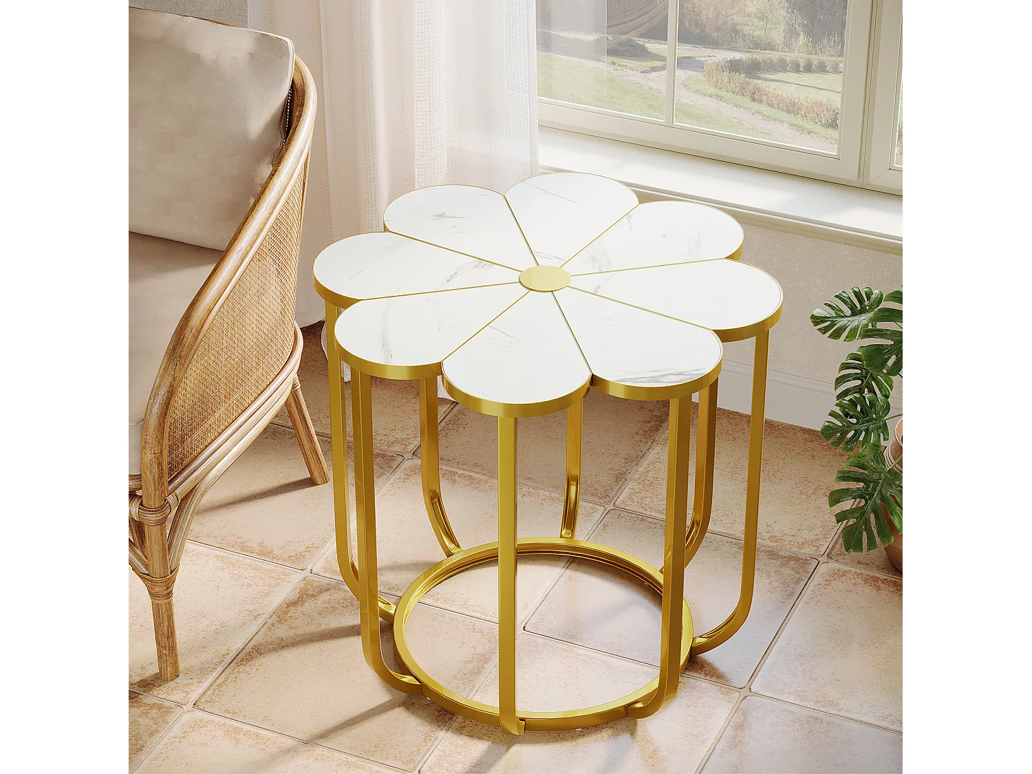 60 cm bloemen bijzettafel, moderne bijzettafel van imitatiemarmer, nachtkastje met gouden metalen frame