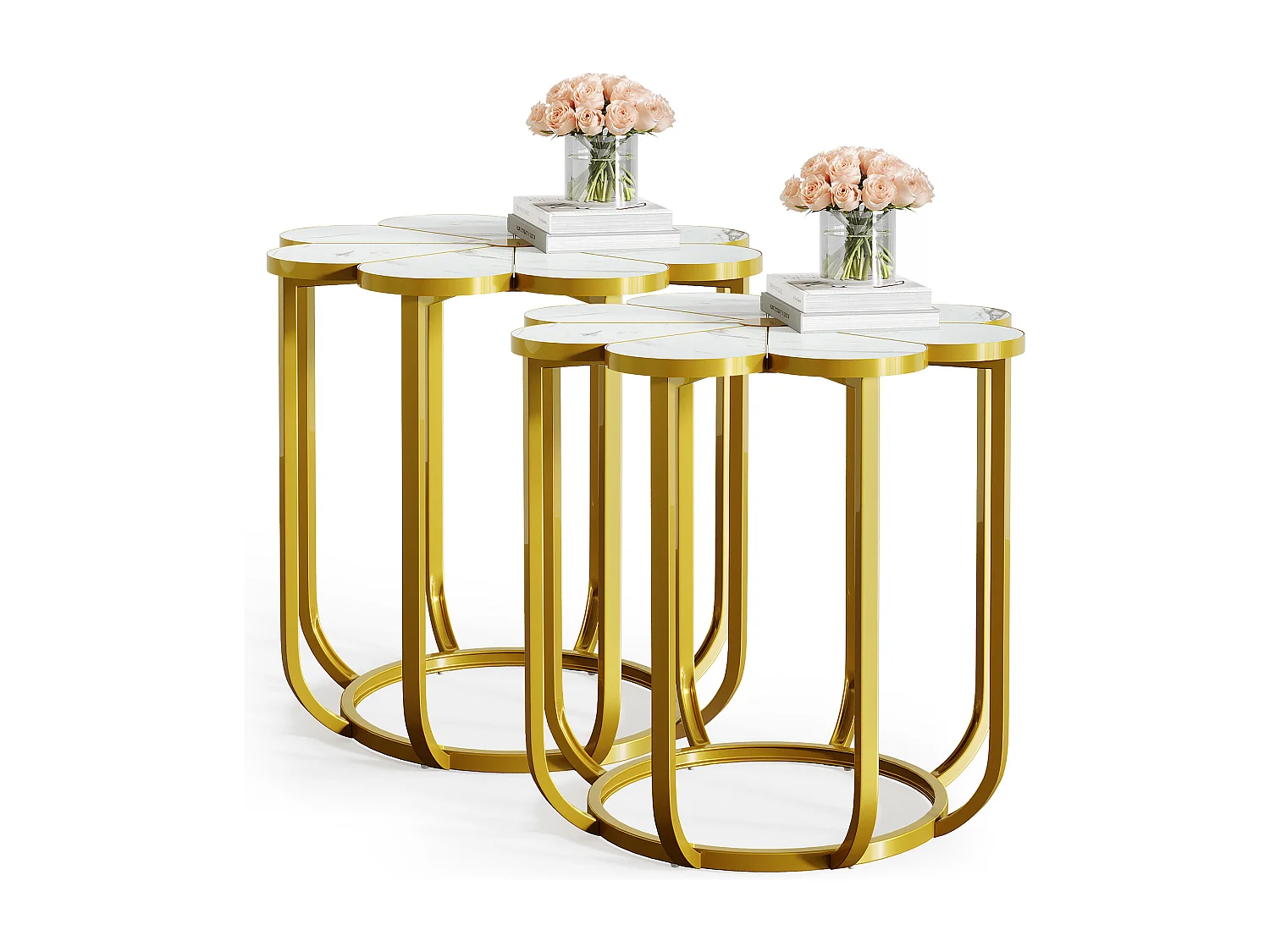 60 cm bloemen bijzettafel, moderne bijzettafel van imitatiemarmer, nachtkastje met gouden metalen frame