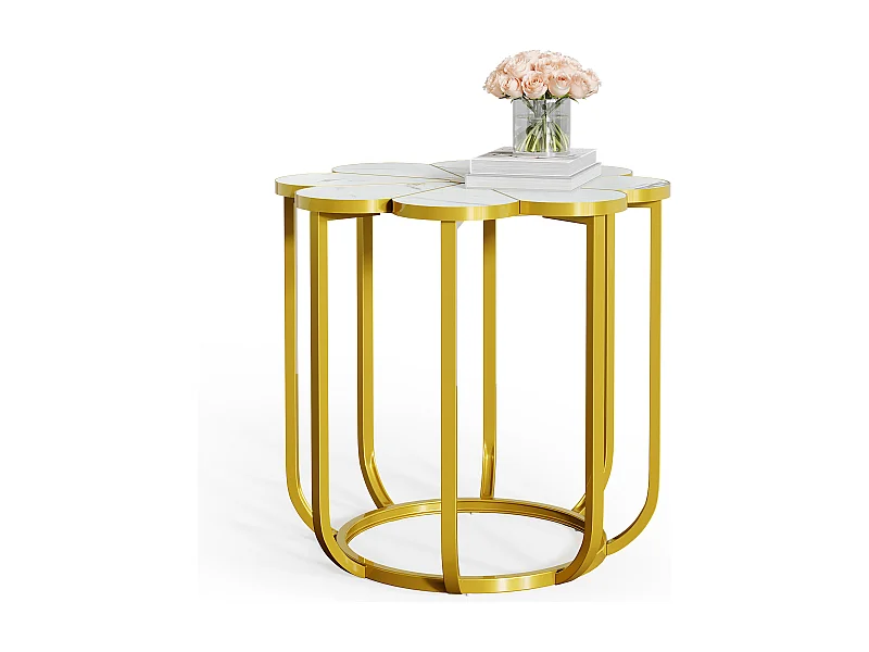 60 cm bloemen bijzettafel, moderne bijzettafel van imitatiemarmer, nachtkastje met gouden metalen frame