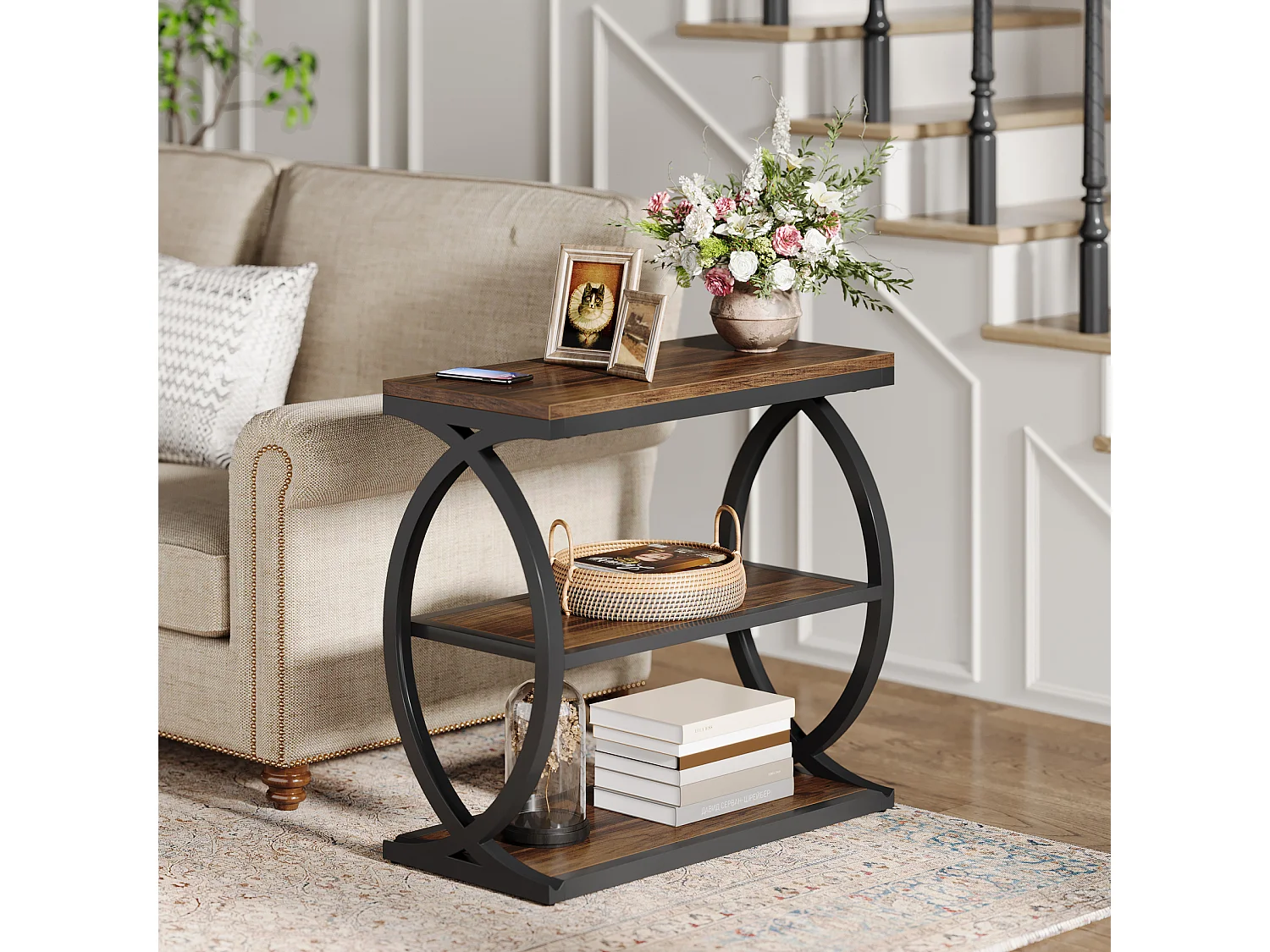 Table d'appoint étroite à 3 niveaux pour salon, style industriel