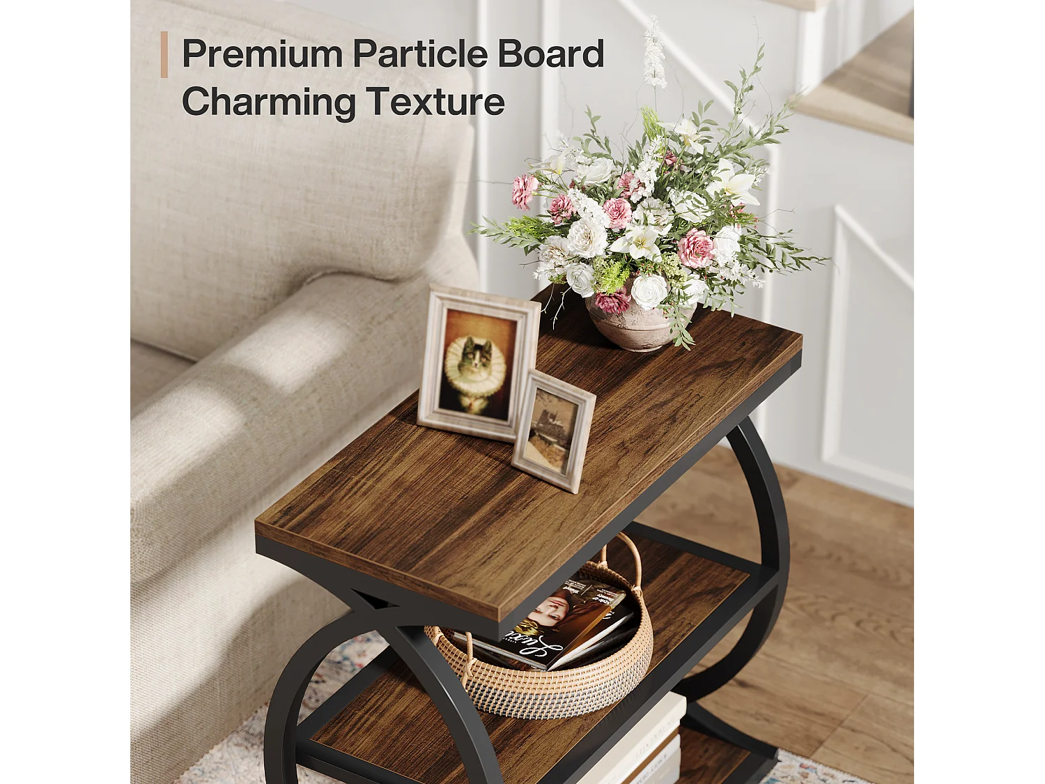 Table d'appoint étroite à 3 niveaux pour salon, style industriel