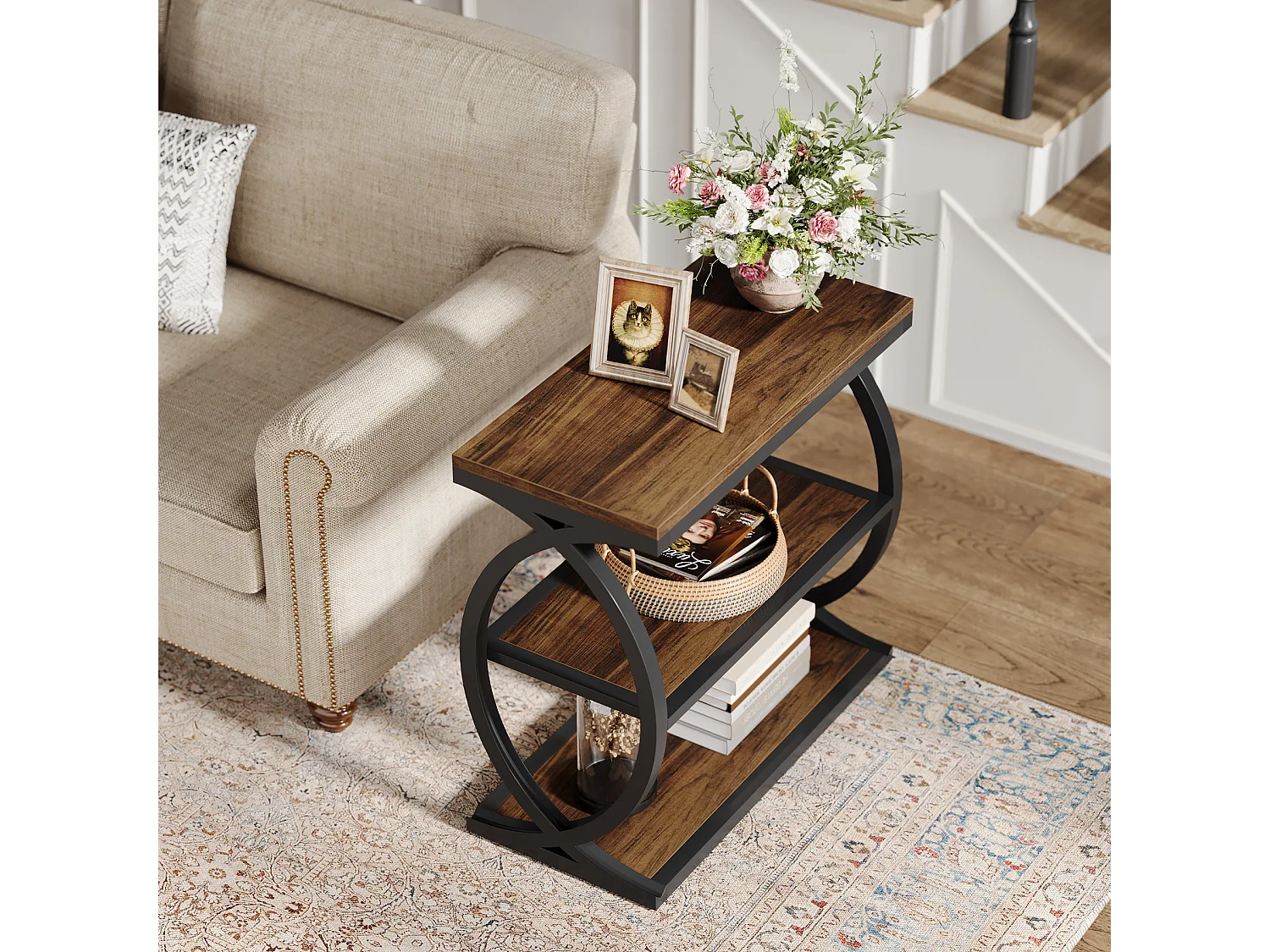 Table d'appoint étroite à 3 niveaux pour salon, style industriel