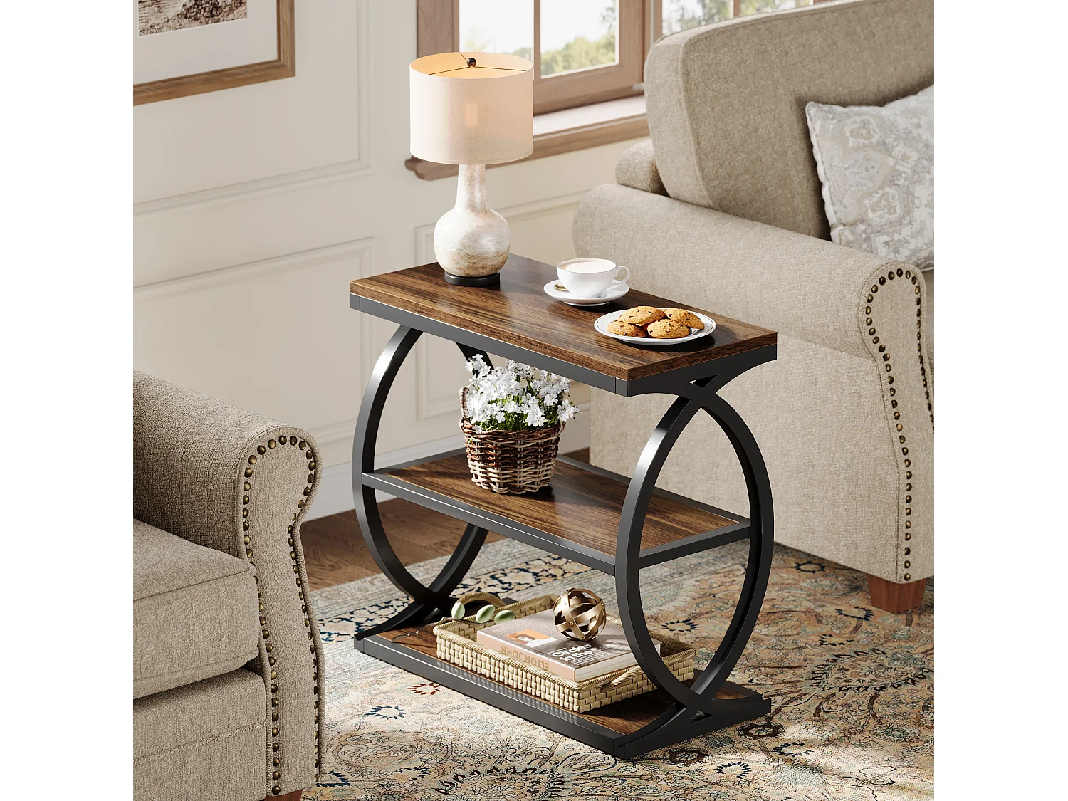 Table d'appoint étroite à 3 niveaux pour salon, style industriel