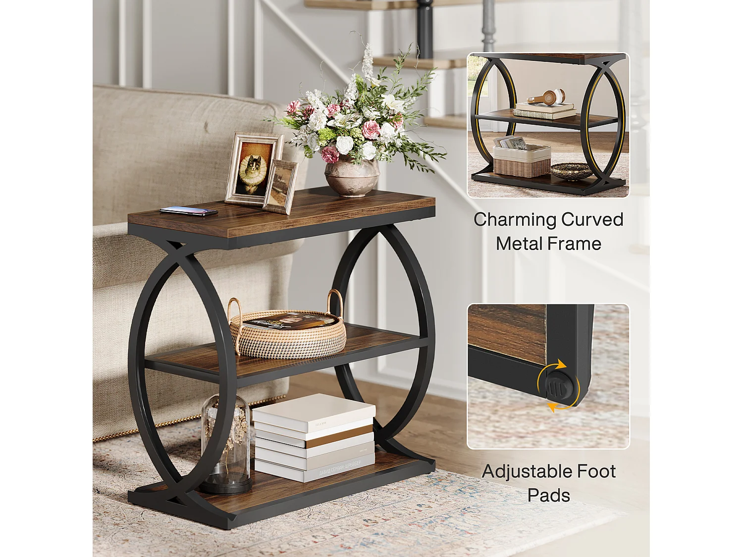 Table d'appoint étroite à 3 niveaux pour salon, style industriel