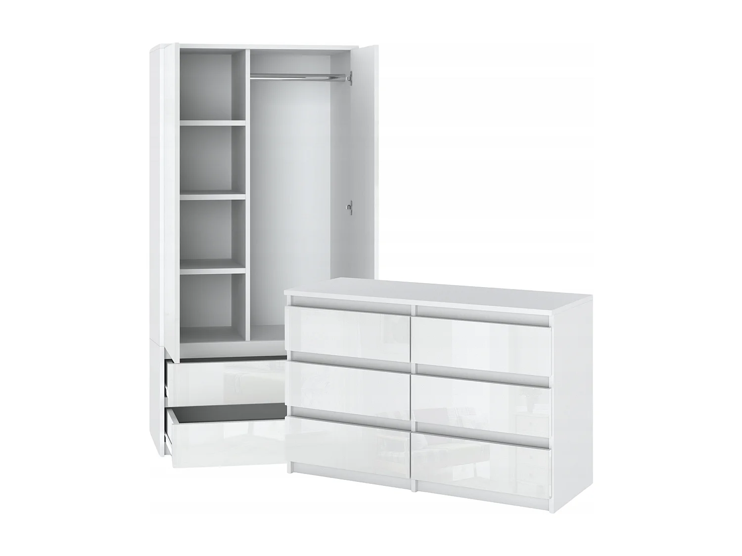 Set de Meuble de Rangement – Armoire 90 cm + Commode 6 Tiroirs 100cm  – Blanc Brillant  – Moderne et Pratique
