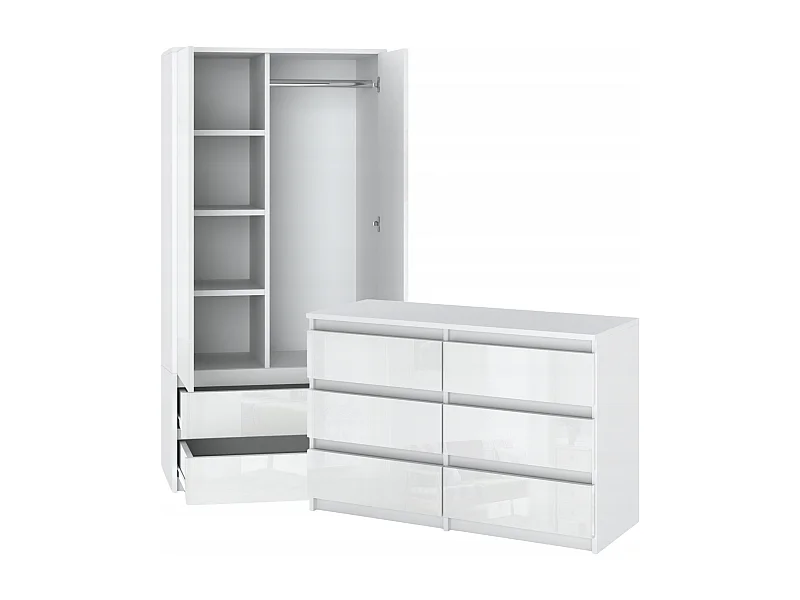 Set de Meuble de Rangement – Armoire 90 cm + Commode 6 Tiroirs 100cm  – Blanc Brillant  – Moderne et Pratique