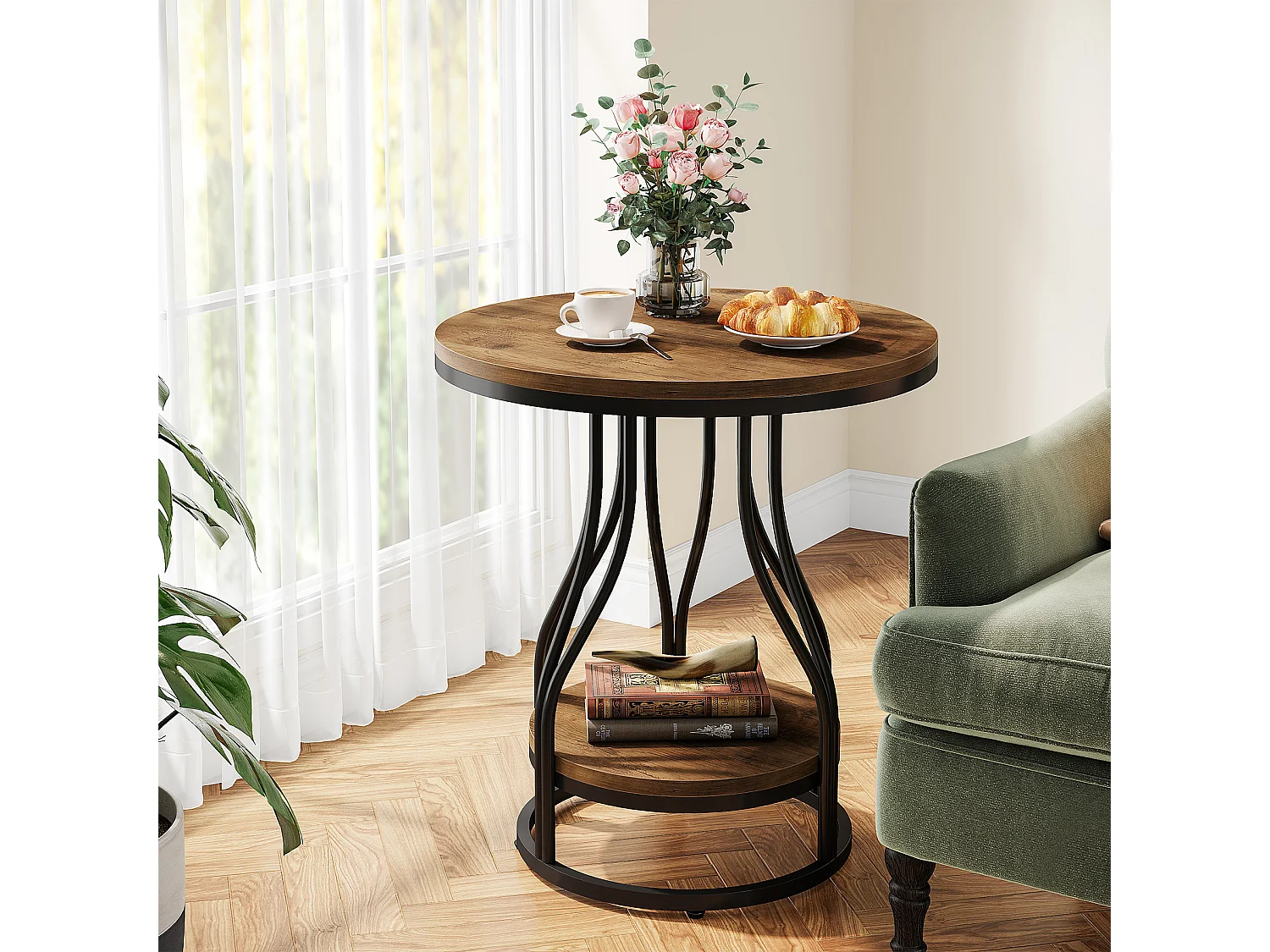 Table d'appoint ronde à deux niveaux, table de chevet moderne, petite table de chevet avec rangement pour canapé