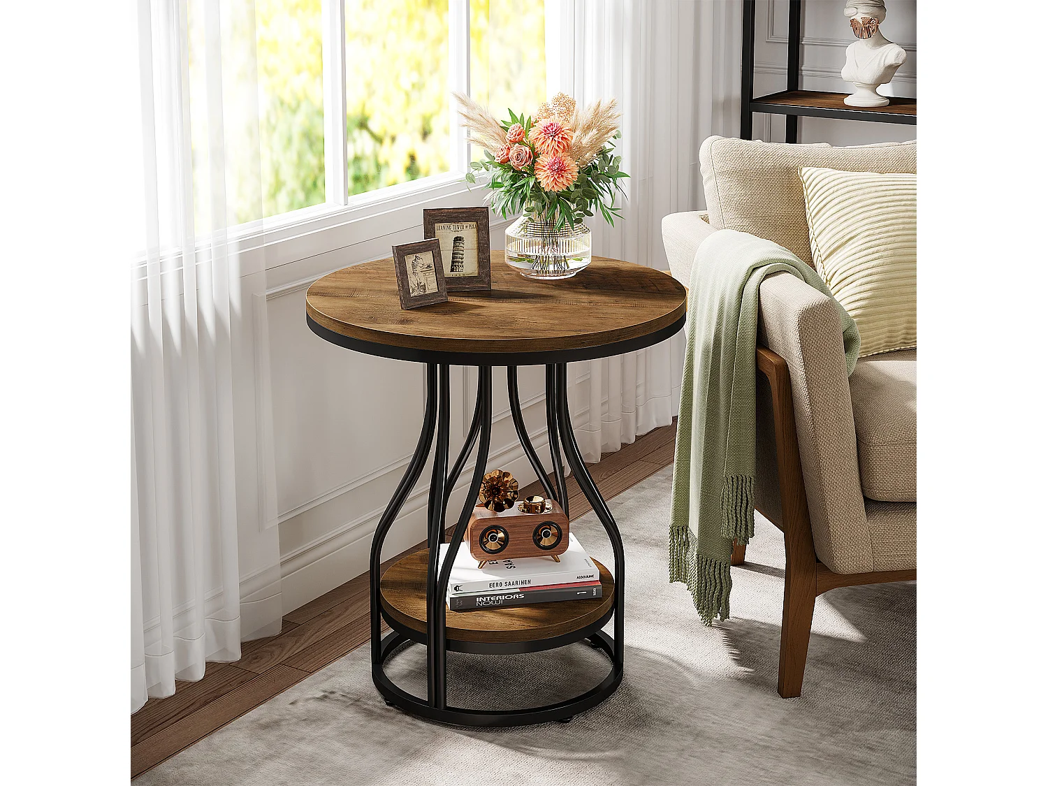 Table d'appoint ronde à deux niveaux, table de chevet moderne, petite table de chevet avec rangement pour canapé