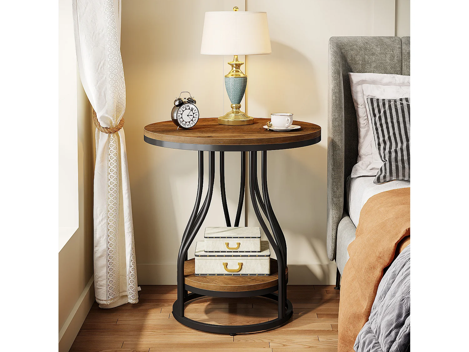 Table d'appoint ronde à deux niveaux, table de chevet moderne, petite table de chevet avec rangement pour canapé