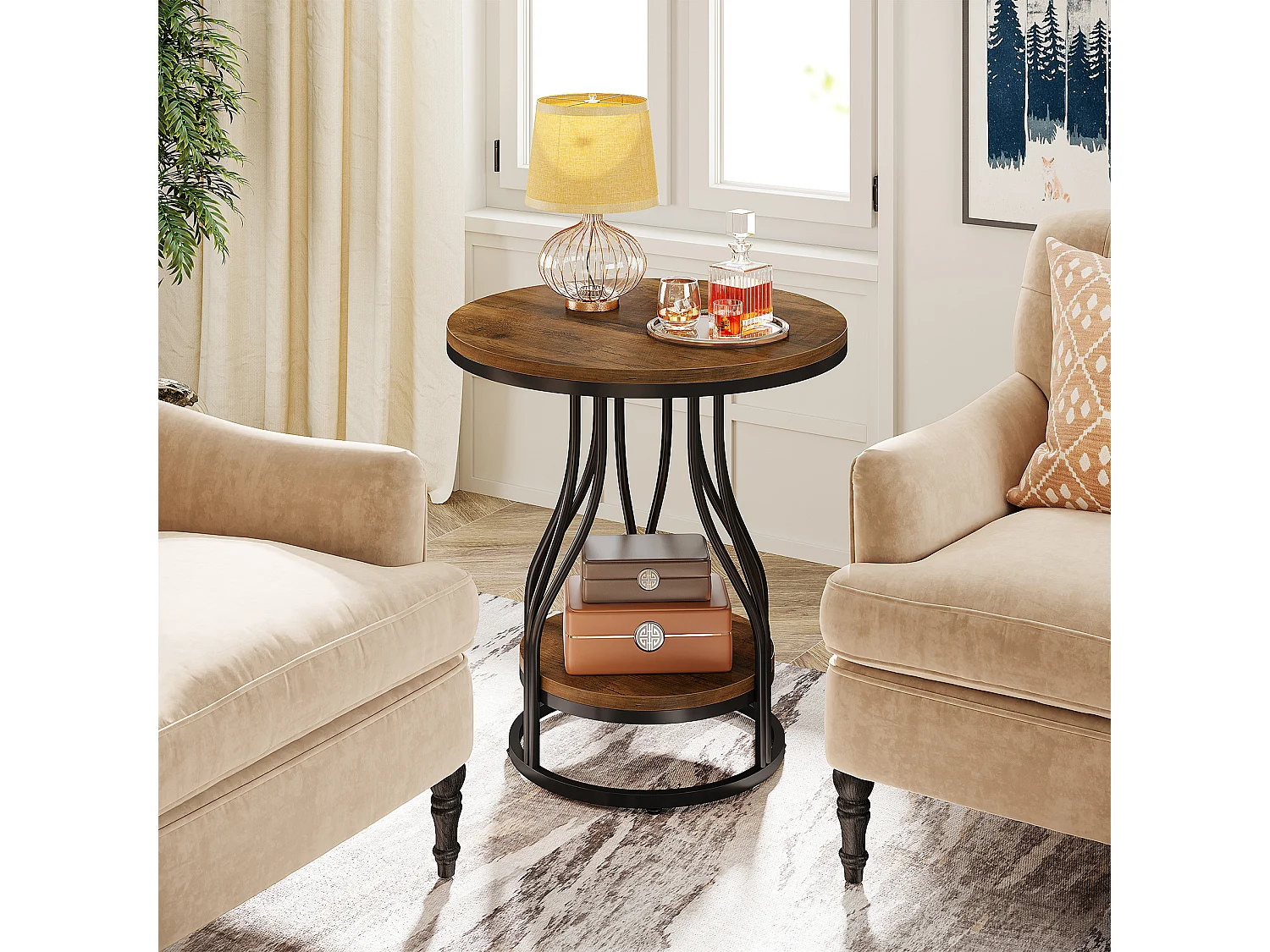 Table d'appoint ronde à deux niveaux, table de chevet moderne, petite table de chevet avec rangement pour canapé