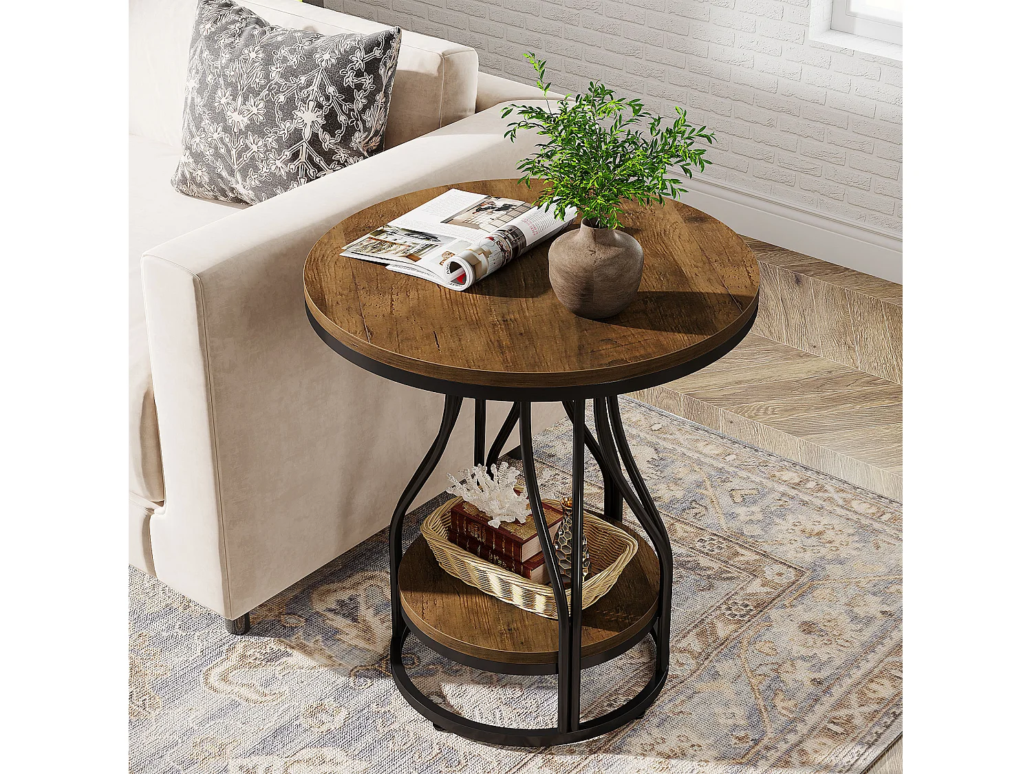 Table d'appoint ronde à deux niveaux, table de chevet moderne, petite table de chevet avec rangement pour canapé