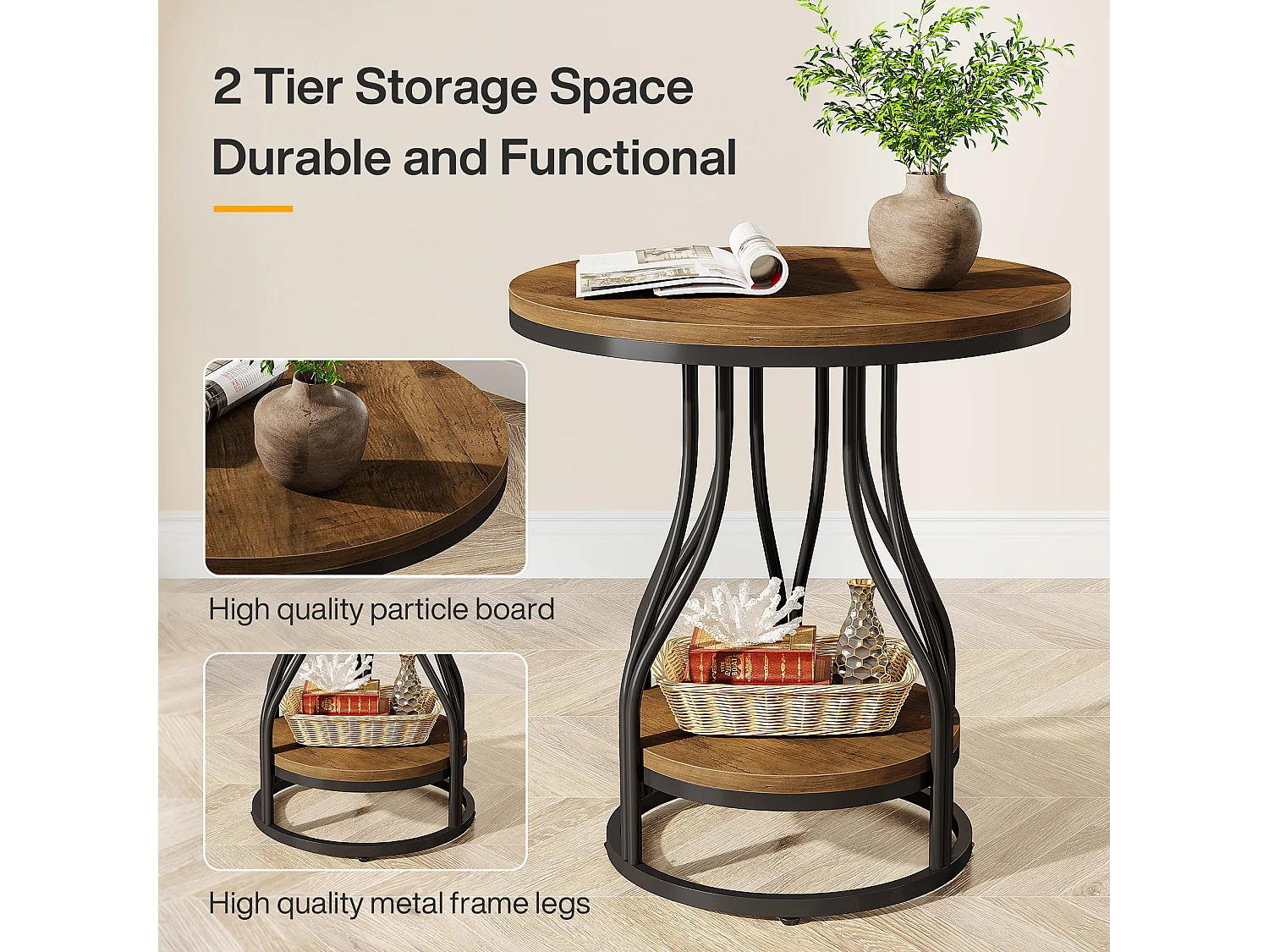 Table d'appoint ronde à deux niveaux, table de chevet moderne, petite table de chevet avec rangement pour canapé