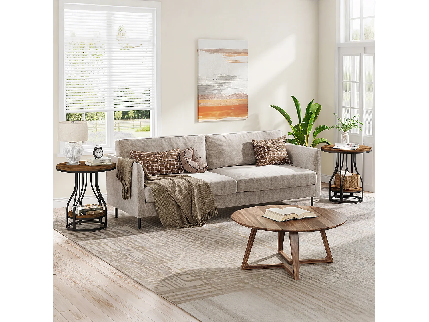 Table d'appoint ronde à deux niveaux, table de chevet moderne, petite table de chevet avec rangement pour canapé