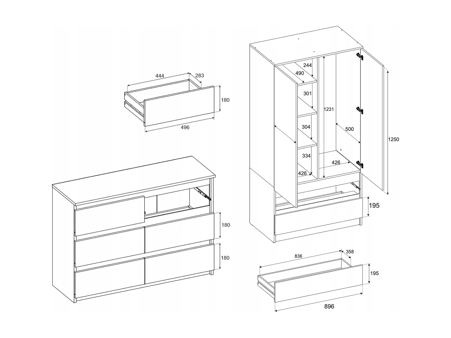 Set de Meuble de Rangement – Armoire 90 cm + Commode 6 Tiroirs 100cm  – Blanc Mat – Moderne et Pratique