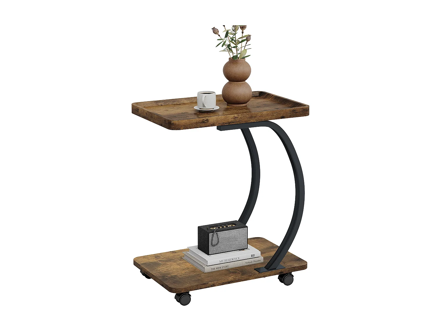Table d'appoint en forme de C, petite table d'appoint industrielle à 2 niveaux avec roulettes, table de chevet pour les collations ou le canapé