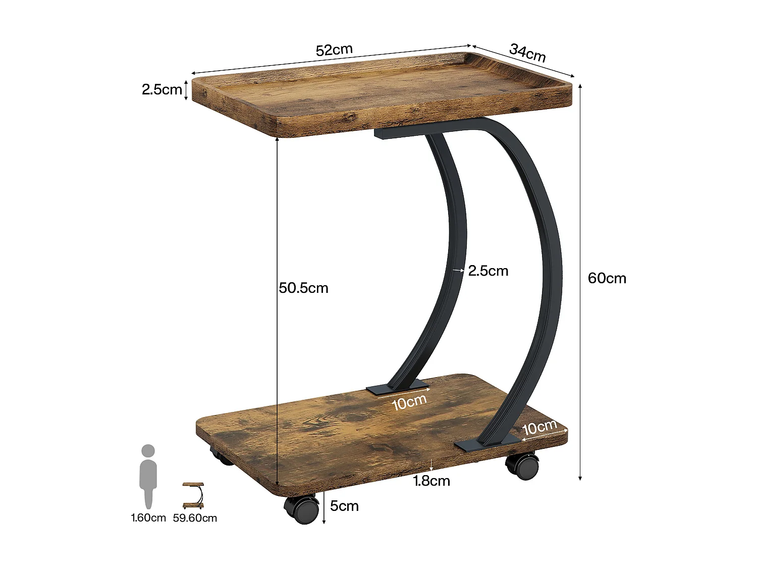 Table d'appoint en forme de C, petite table d'appoint industrielle à 2 niveaux avec roulettes, table de chevet pour les collations ou le canapé