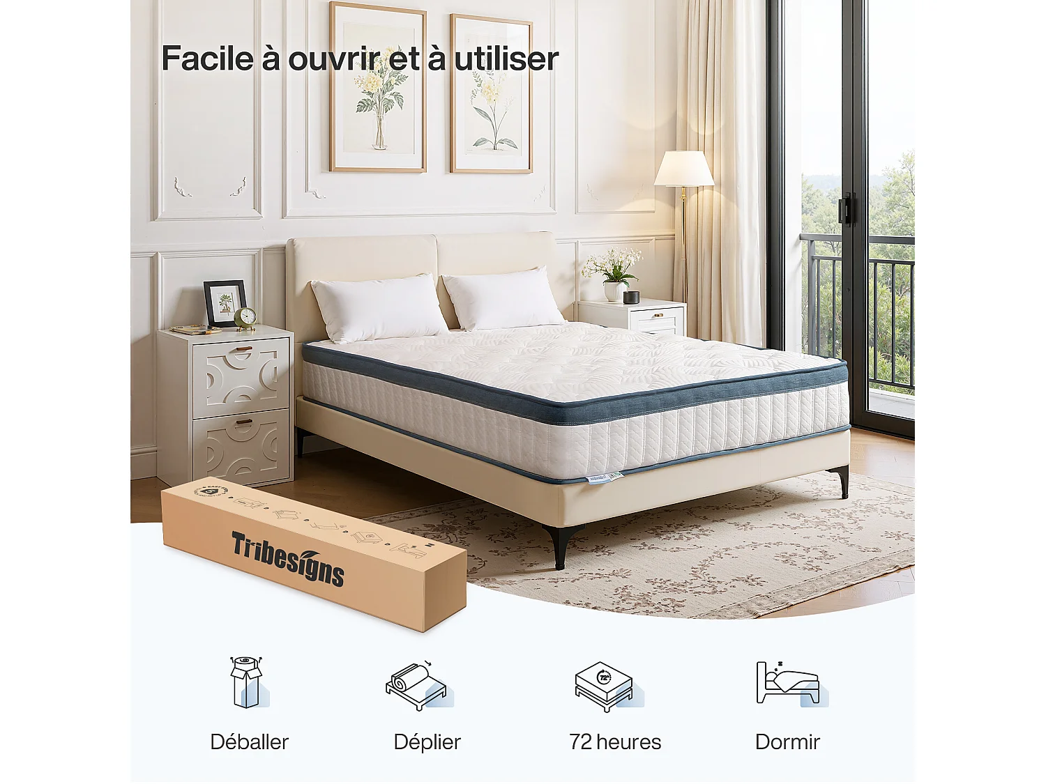 Matelas 140 x 190 cm, hauteur 25 cm, matelas orthopédique à ressorts ensachés, dureté moyenne H3, matelas à ressorts avec mousse à mémoire de