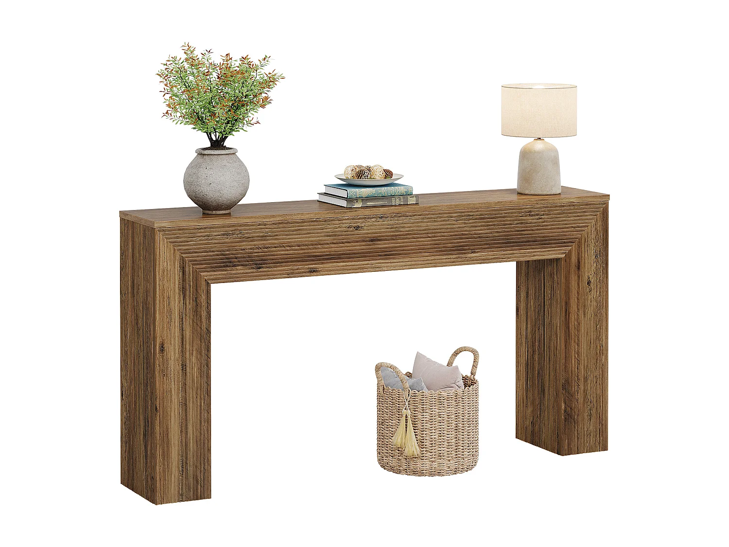 Console de 160 cm, table d'appoint rustique cannelée à placer derrière un canapé dans une entrée