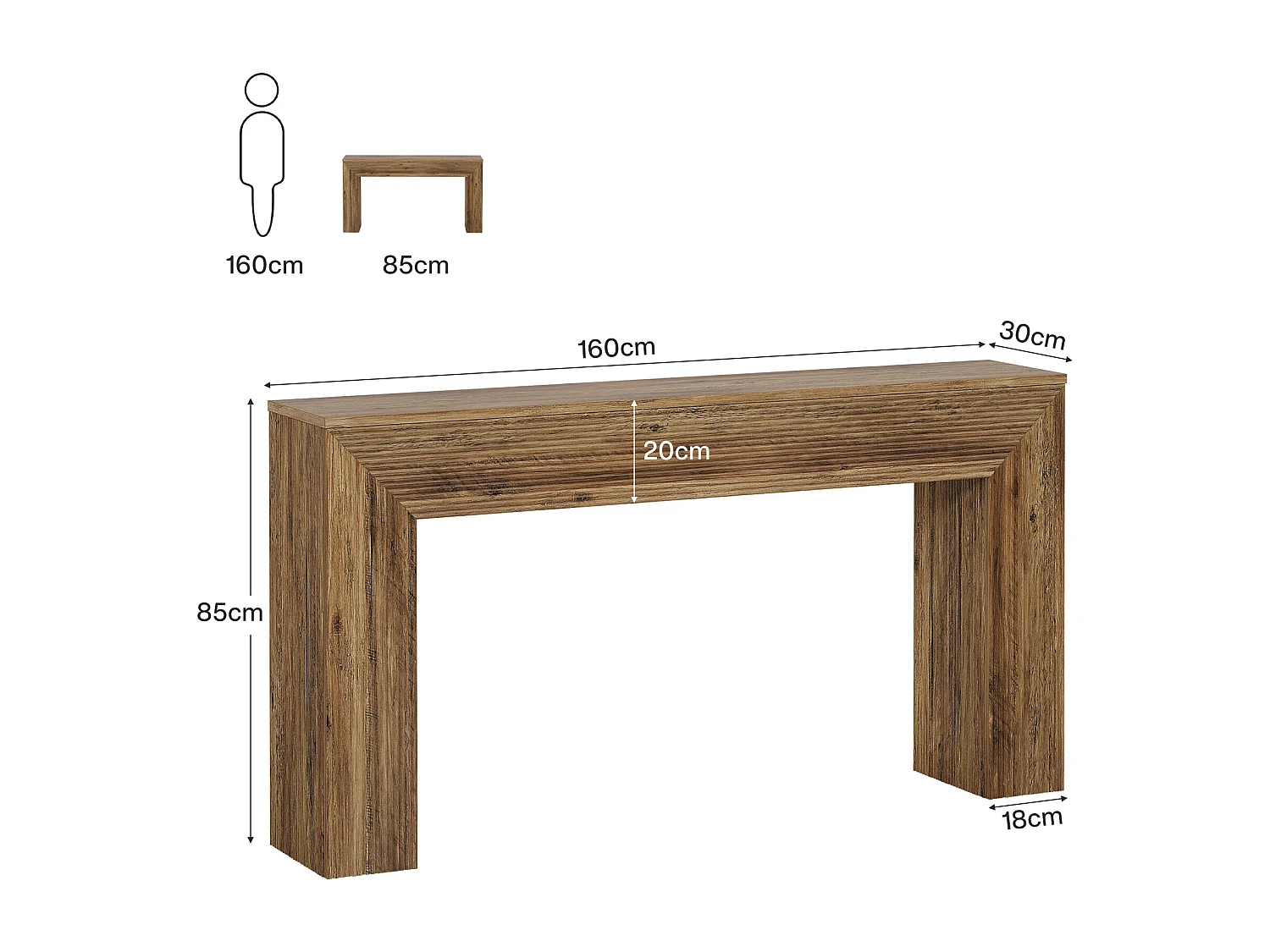 Console de 160 cm, table d'appoint rustique cannelée à placer derrière un canapé dans une entrée